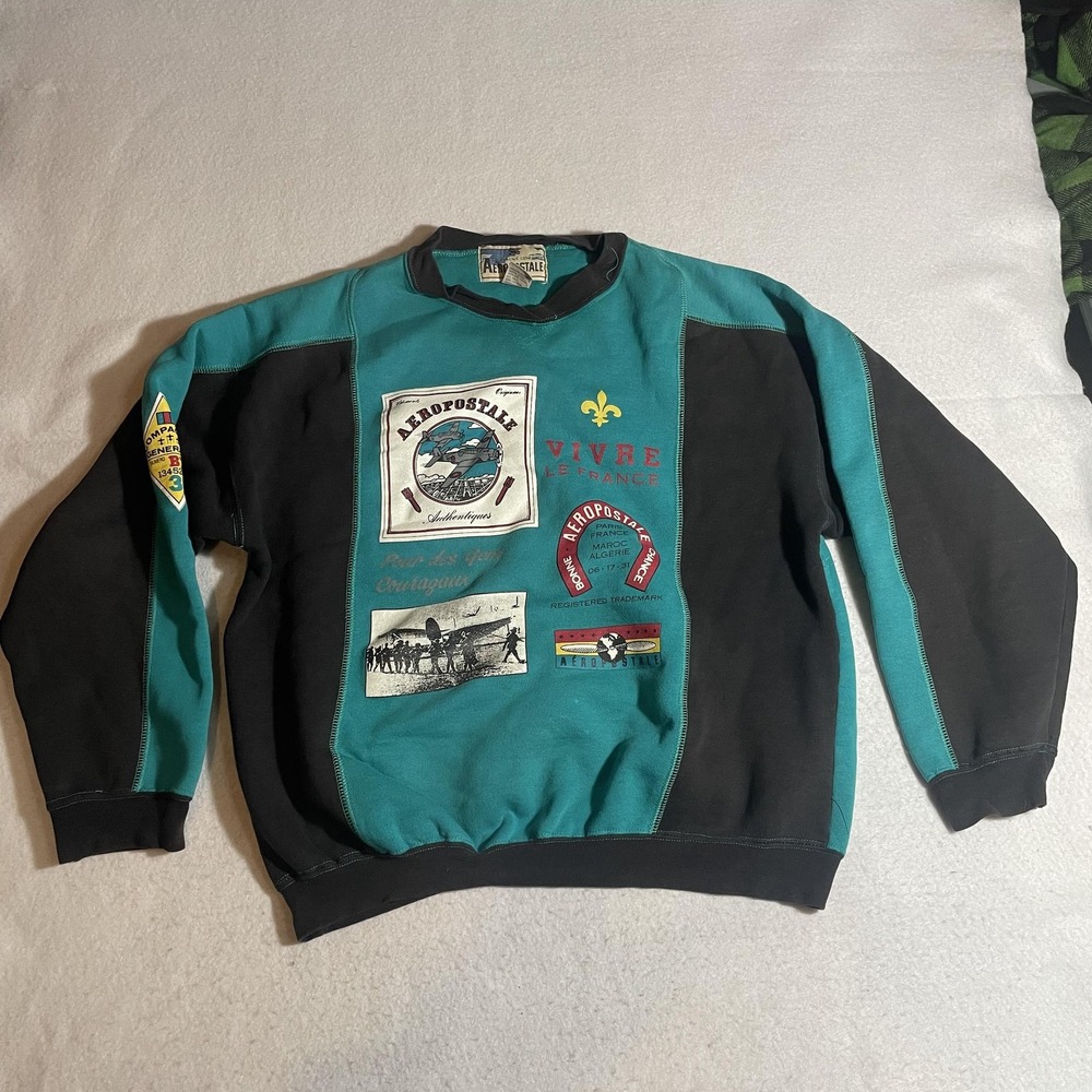Vintage Aeropostale Sweatshirt Youth Large Teal Black Crewneck France‎ Patch 80s